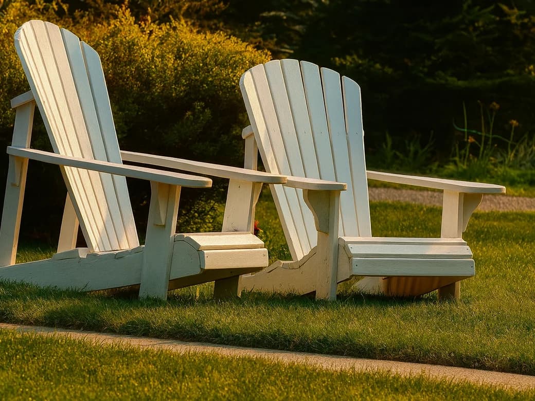 Ellen's backyard with white Adirondack chairs in the warm evening light